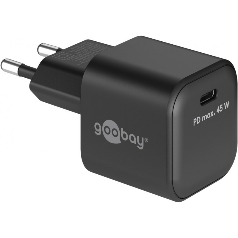 Fast charging compact GaN power adapter with USB-A and USB-C PD 65W black/white